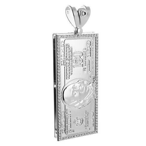 One Hundred Dollar Bill Bling Pendant $100 Cash Money Silver Tone Hip Hop Charm