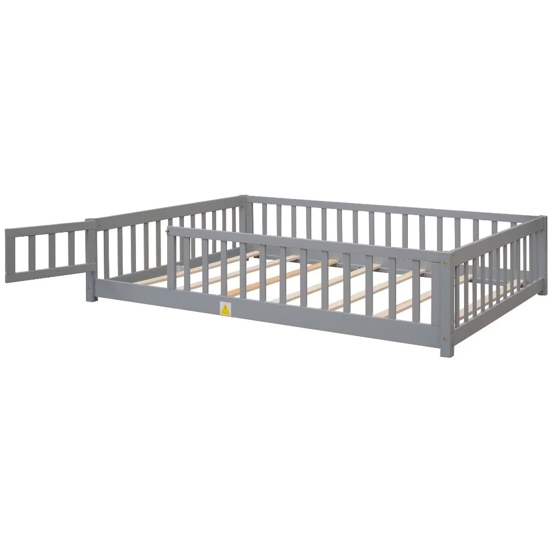 Full Size Floor Platform Bed with Fence and Small Door, Wooden Bed Frame with Wood Slat Support, Mattress Base, Safety Bed Frame for Boys Girls Bedroom, No Box Spring Needed, Easy Assembly, Grey