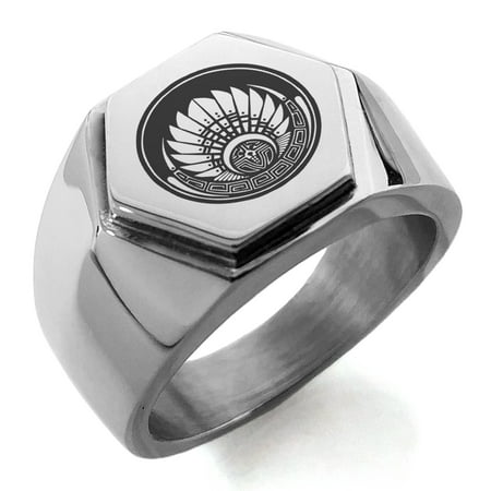 Power Rune Ring - Stainless Steel Mayan Quetzalcoatl Headdress Rune Engraved Hexagon Crest Flat Top Biker Style Polished Ring