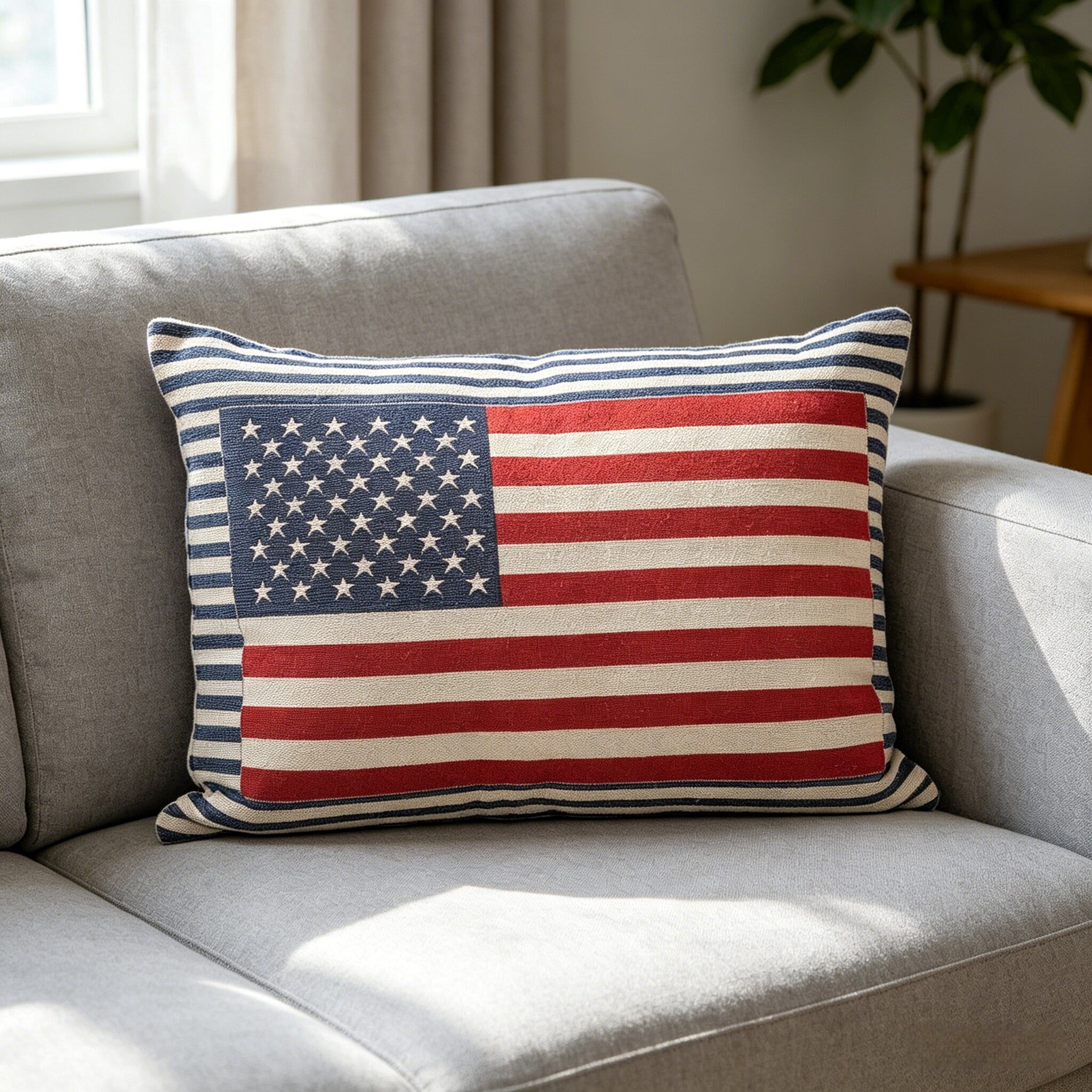 Fuebueo American Flag Throw Pillow, Patriotic 4th of July Decorations for Home, Woven Americana Decor for Couch and Sofa, Stars and Stripes Cushion, 17 x 24 Inch