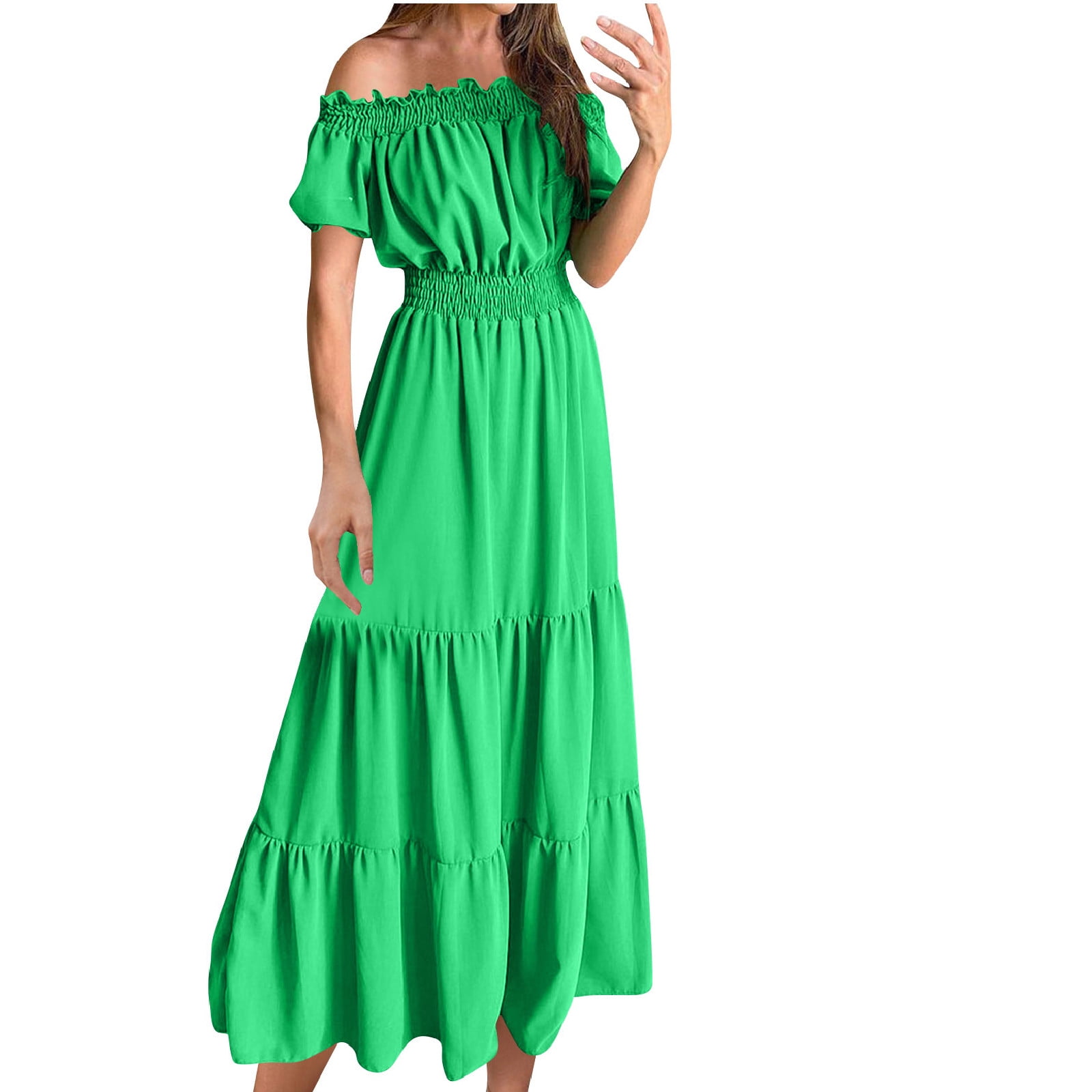 gljltg Ladies Elegant Summer One-shoulder Solid Color Short-sleeved Elastic Waist Women's Dress with Print, Stylish Fashionable for Women, Ladies, Suitable for Casual, Party, Daily, Beach