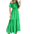 thumbnail image 2 of PiGOGI Women's One Shoulder Dress Short Sleeve Elastic Waist Solid Color Summer Casual Dress Green S, 2 of 9