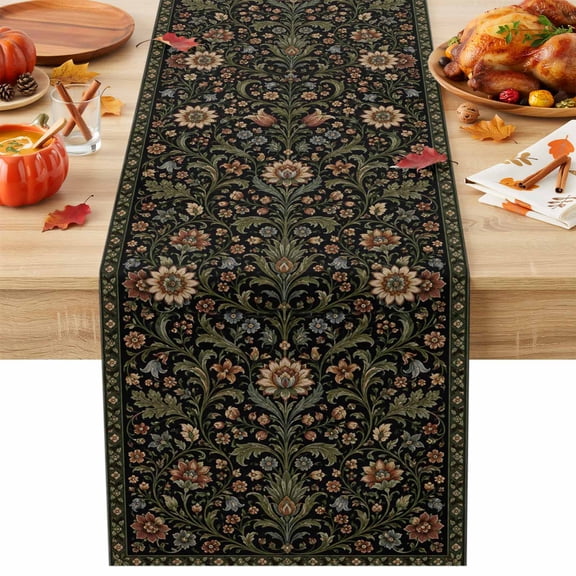 Kitchen Table Runner 72 Inches Long, Botanical Floral Vine Pattern Cotton Linen Table Runners for Dining Tables Home Holiday Party Wedding, Vintage Flower Leaves Black Tabletop Scarf