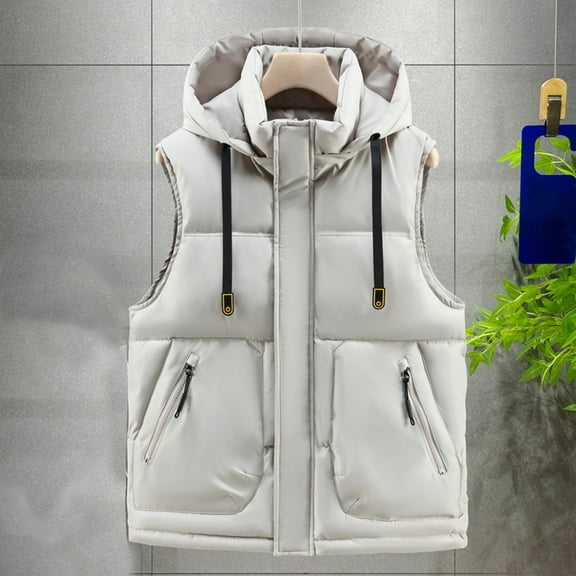 Handshe Men's Sleeveless Hooded Vest with Zipper Pockets, Thickened Cotton Warm Outerwear for Outdoor Casual and Daily Winter Wear