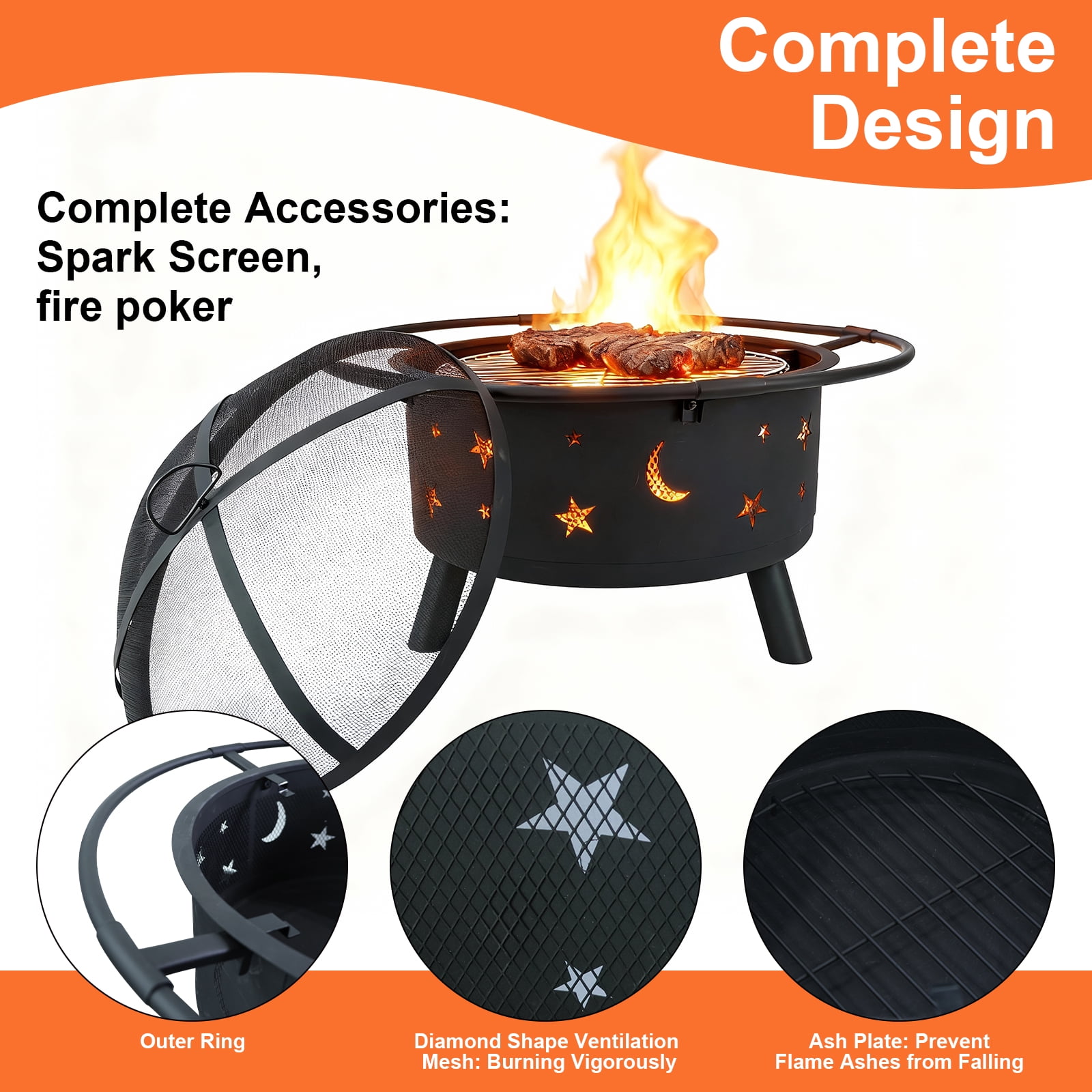 PATIO-IN 24 Inch Outdoor Fire Pit, Star and Moon Cutout Steel Fire Bowl with Mesh Spark Screen, Poker & Grate, Wood Burning Fire Pit for Patio Backyard Camping, Black