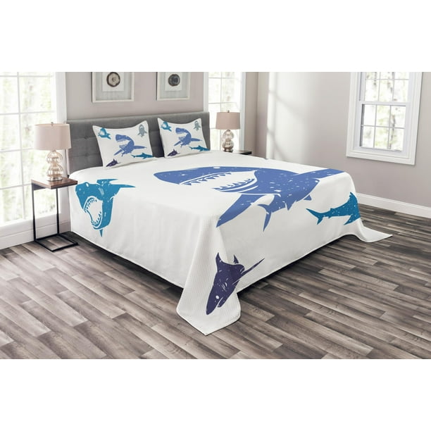 Shark Bedspread Set King Size Grunge Style Big And Small Sharks With Open Mouths Predator Jaws Dangerous Image Quilted 3 Piece Decor Coverlet 2 Pillow Shams Royal Blue By Ambesonne Shark Bedspread Set King Size Grunge, Shark Bedding King Size