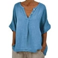 thumbnail image 2 of Pxiakgy Linen Shirts for Women Mid Sleeve Cotton Linen Solid Color Door Bottle V Neck Shirt Mid Sleeve T Shirt Summer Loose Fit Short Sleeve Button Down Shirts for Women, 2 of 5