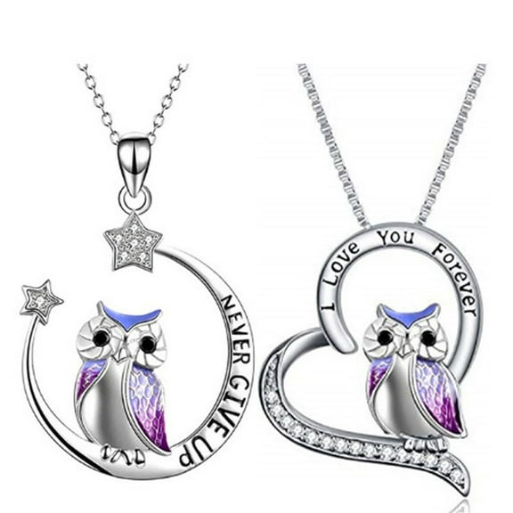 2PCS Owl Necklace Sterling Silver I Love You Forever Heart Owl Gifts for Women