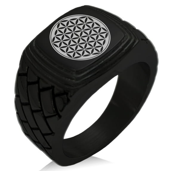 Stainless Steel Flower of Life Geometric Pattern Step-Down Biker Style Polished Ring
