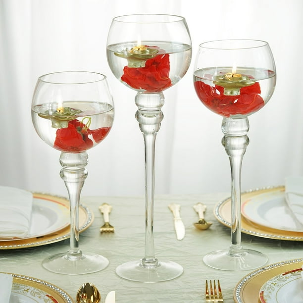 Set of 3 Clear Long Stem Globe Glass Vase Candle Holder Set
