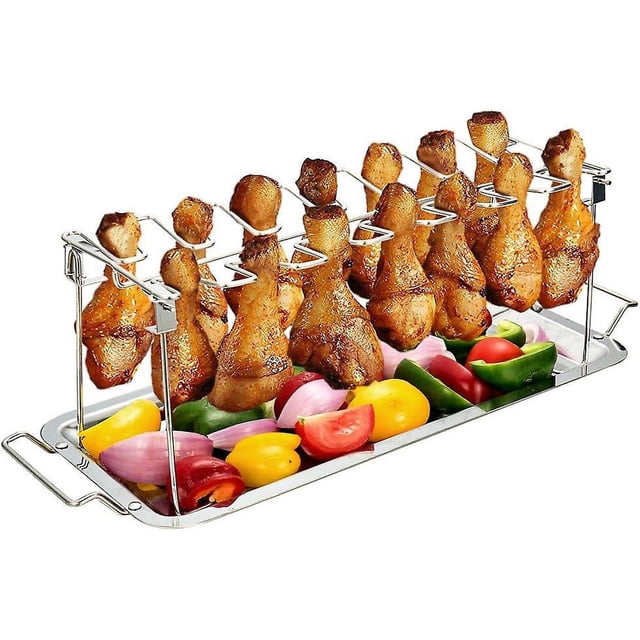 Rejilla para patas de pollo con 14 ranuras, soporte para asador de metal de acero inoxidable con bandeja de goteo para parrilla u horno ahumador, apto para lavavajillas, antiadherente, ideal