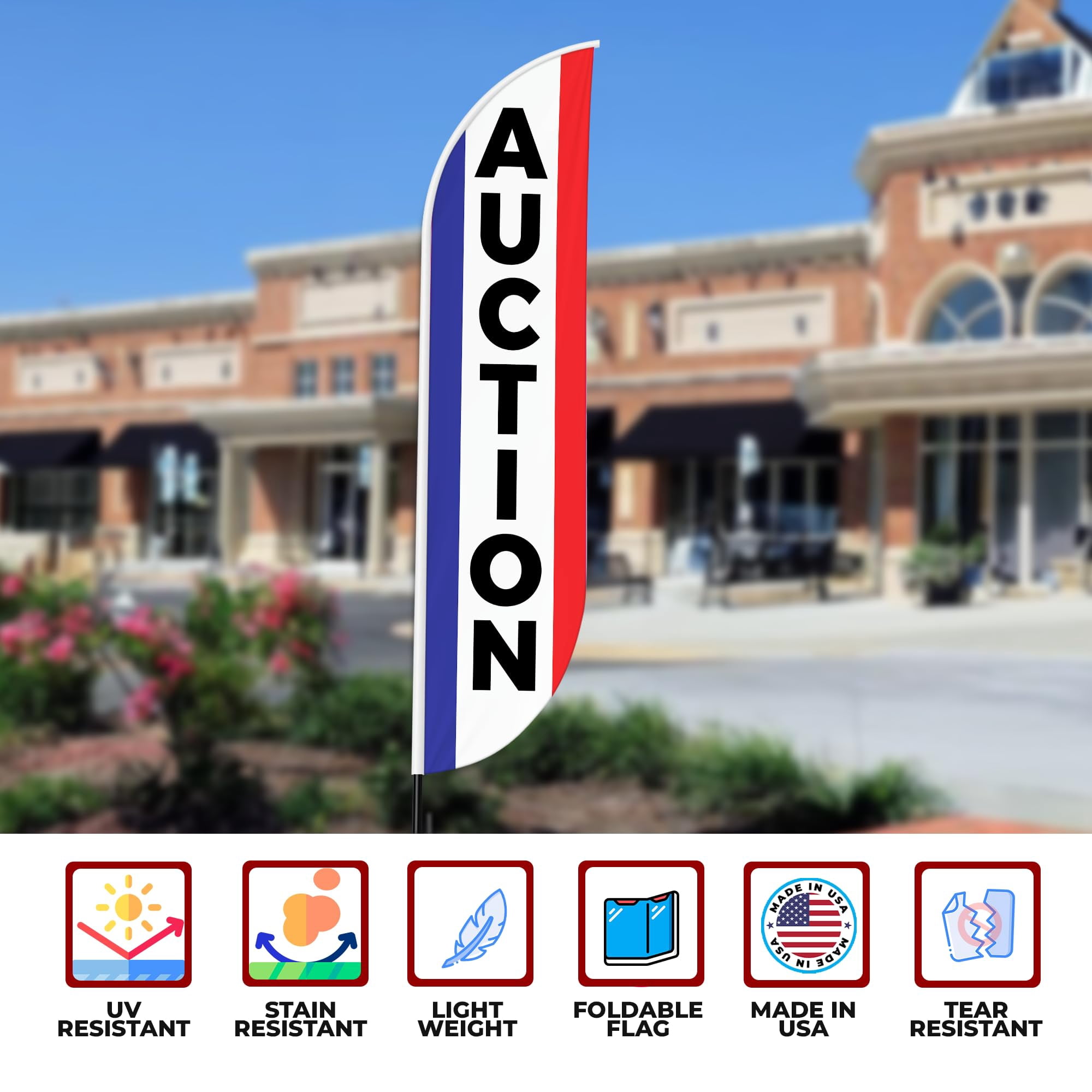 Auction Sign feather flag for Outdoor by Mavis Printing | 11.5 FEET Long Polyester Outdoor Banner Flag for Easy Hang | HD Print Swooper I Flag Only to Advertise Real Estate BusinessI Flag Only