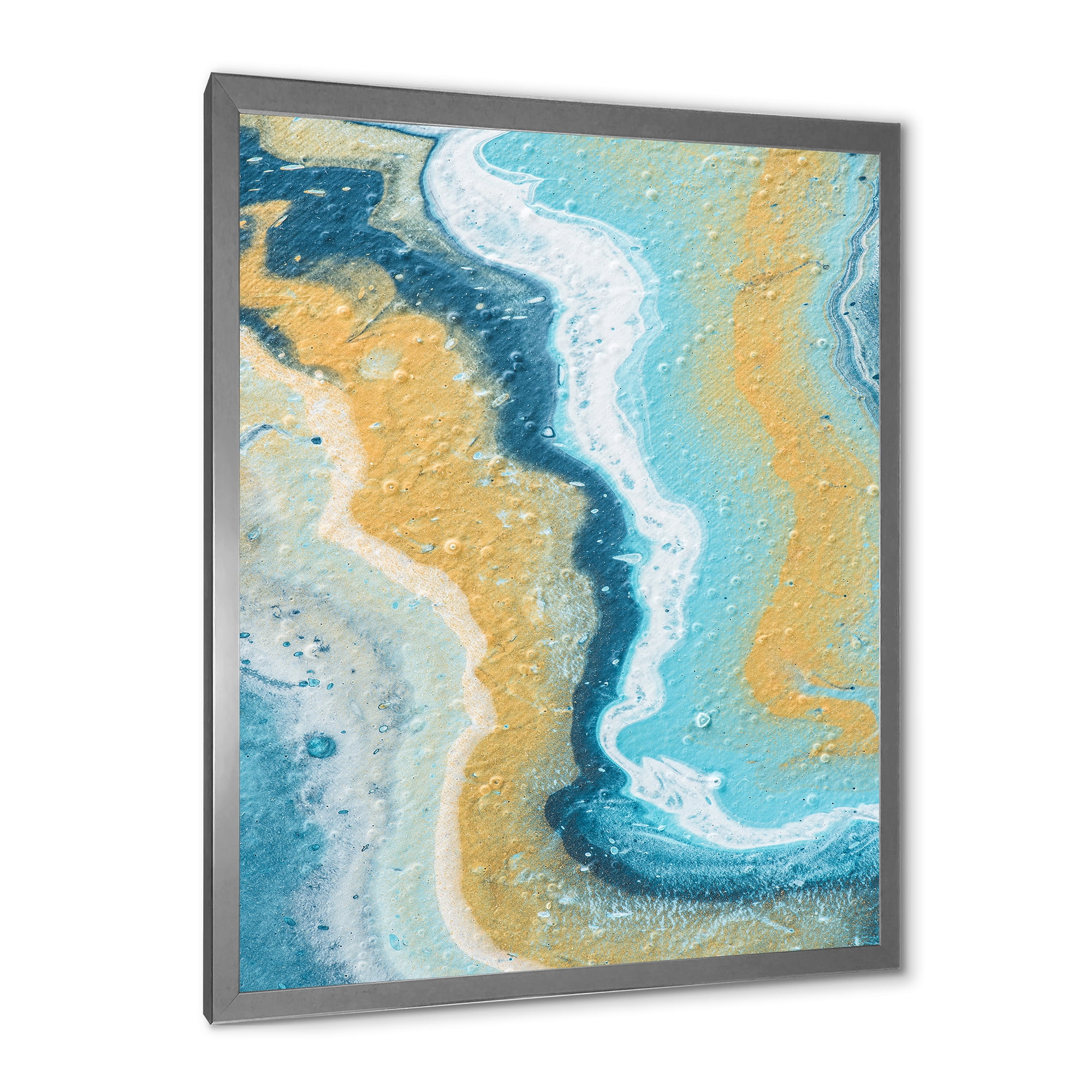 Designart 'Abstract Marble Composition In Blue and Yellow III' Modern Framed Art Print