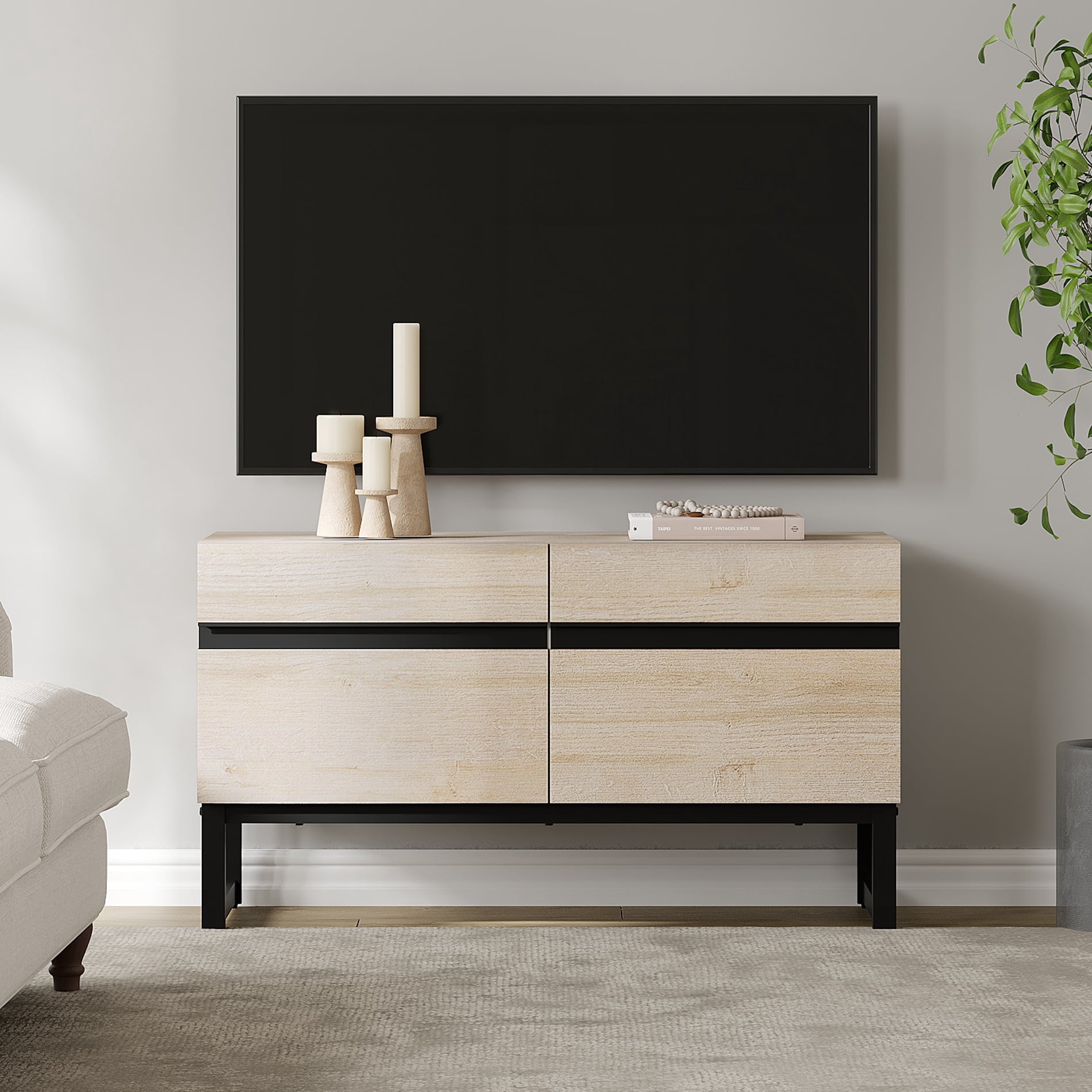 Modern TV Stand for TVs up to 50 inch, Entertainment Center TV Console with Storage Cabinets and Metal Base,Media Console for Living Room