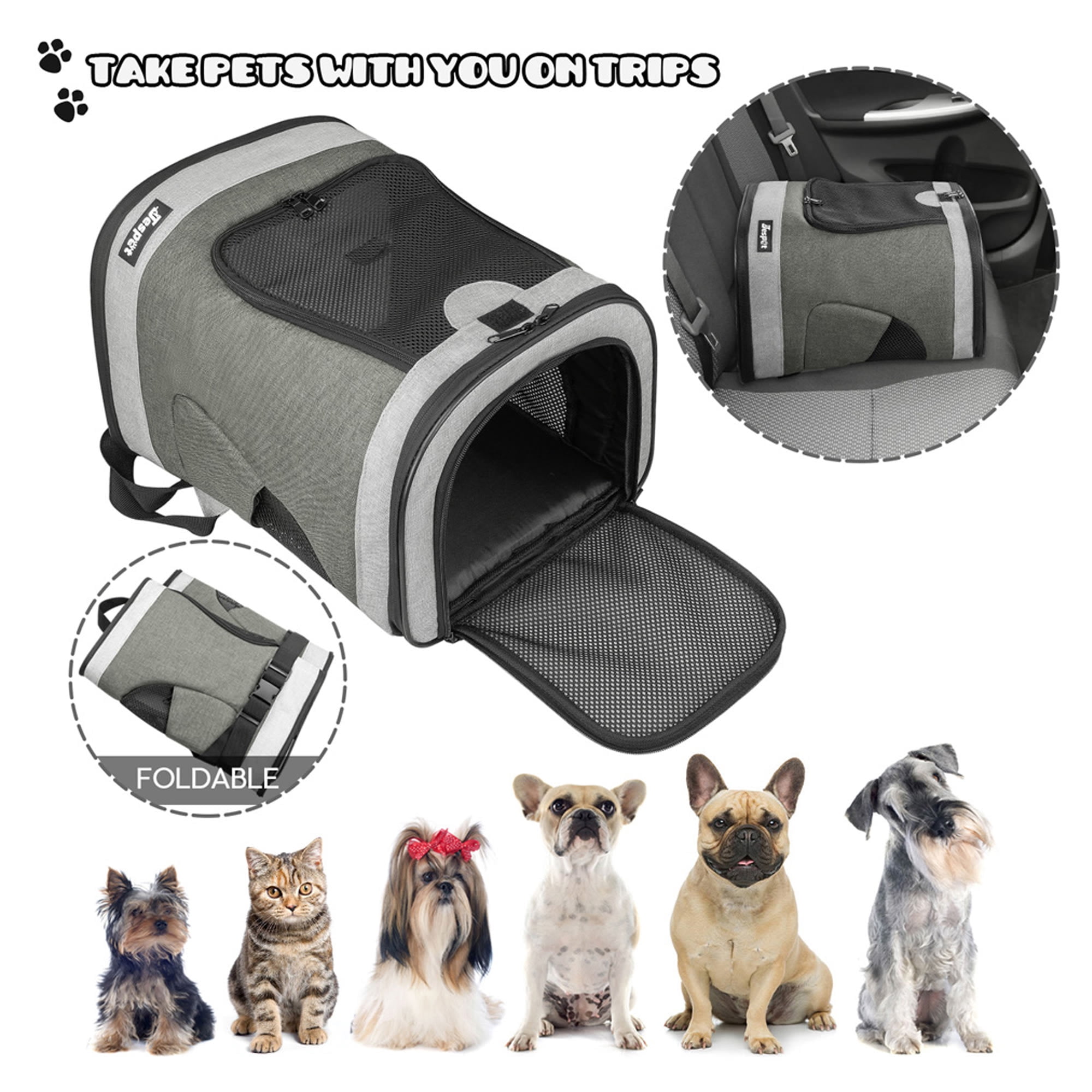 JESPET & GOOPAWS: Pet Soft Backpack Carrier - Smoke Grey - 13", Small Dogs & Cats, Portable-Traveling-Hiking-Walking, Outdoor, Mesh Window, Ventilated
