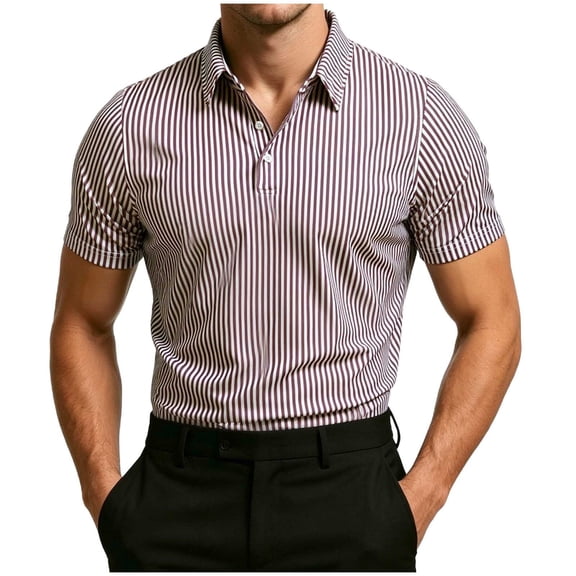 Timoontee Men's Fashion Short Sleeve Tee Collared Button Detail Printed Casual Durable All Season Easy Care Everyday Wear Brown L
