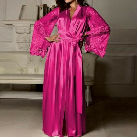 

ALSLIAO Women s Sexy Lace Satin Silk Robe Lingerie Nightdress Bathrobe Sleepwear Dress Rose Red S