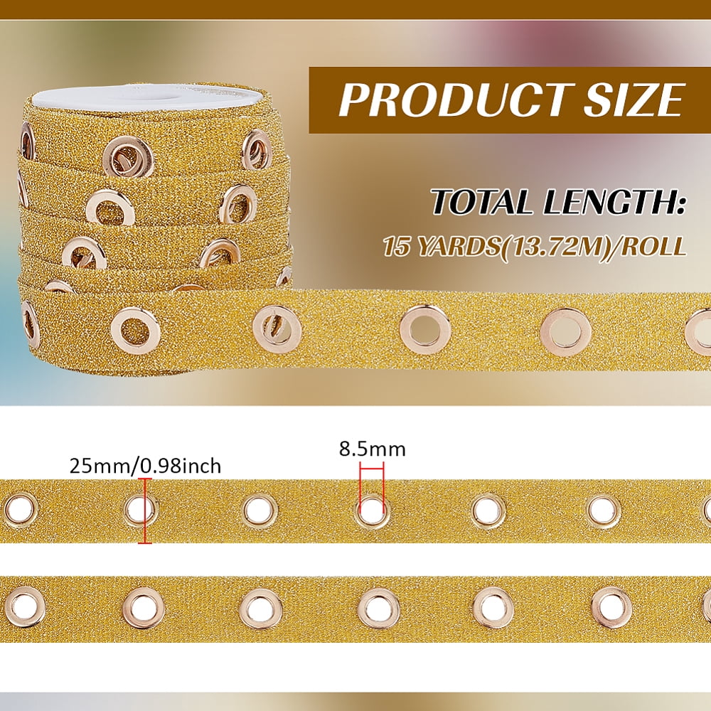 15 Yards Glitter Polyester Ribbon with Stainless Steel Eyelets Clothes Accessories Gold 1 inch(25mm)