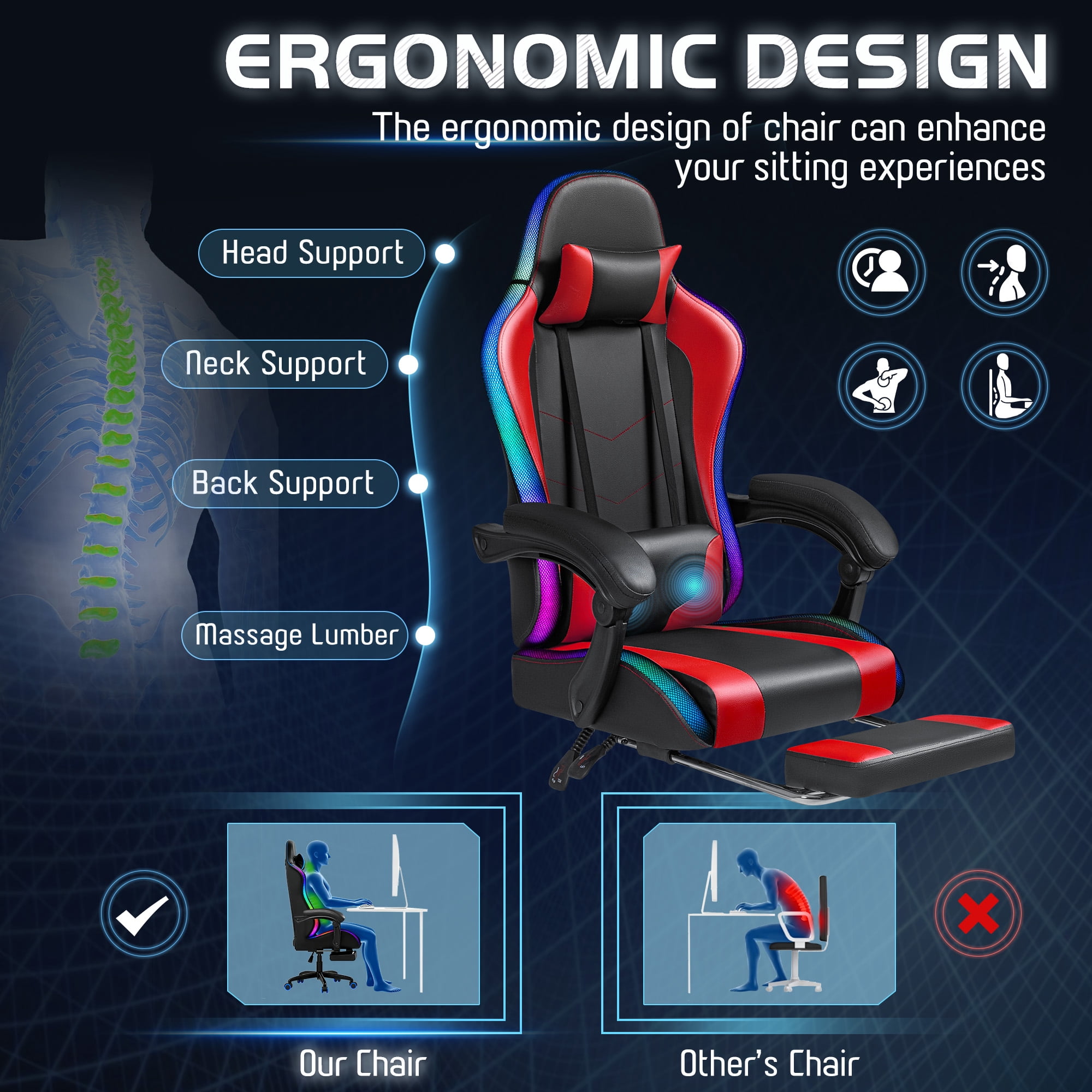 Homall RGB Gaming Chair with APP & Remote Control, LED Lights Ergonomic Computer Chair with Footrest & Massage Lumbar Support, Red
