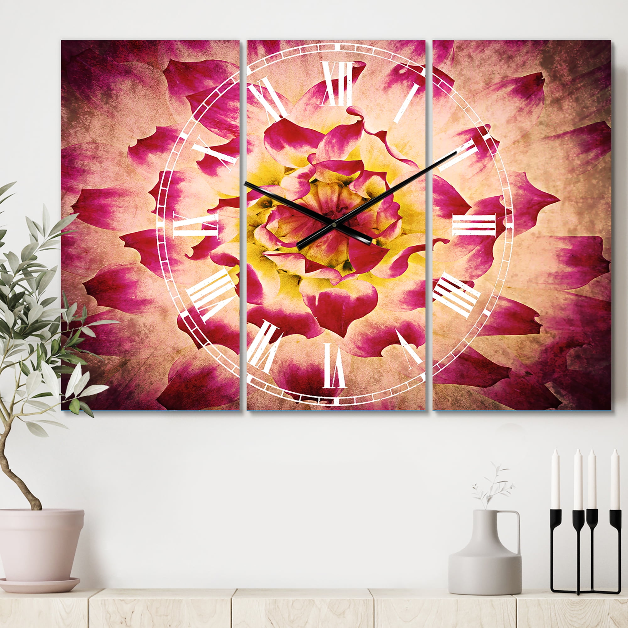 Smooth White Rose Flower Petals' Cottage 3 Panels Oversized Metal Clock - 36 in. wide x 28 in. high - 3 panels