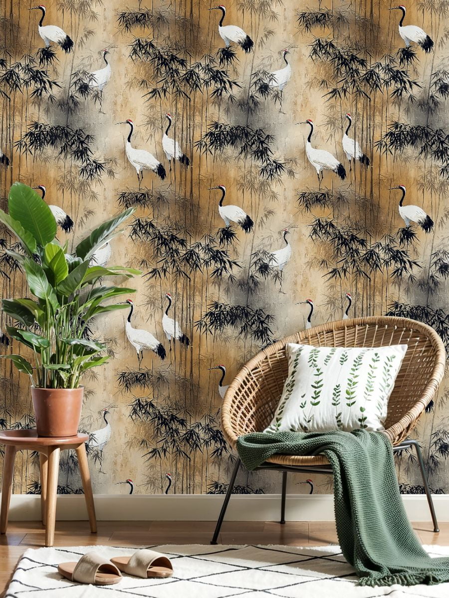 Peel and Stick Wallpaper Elegant Crane Birds Bamboo Forest Soft Earth Tones Wall Mural 17.7in x 9.8ft Self Adhesive Removable Wall Paper Renter Friendly Wallpaper for Nursery Bedroom Cabinets