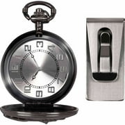 Men's Gunmetal-Tone Motorcycle Pocket Watch Gift Set with Money Clip