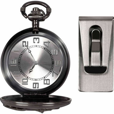 Men's Gunmetal-Tone Motorcycle Pocket Watch Gift Set with Money Clip