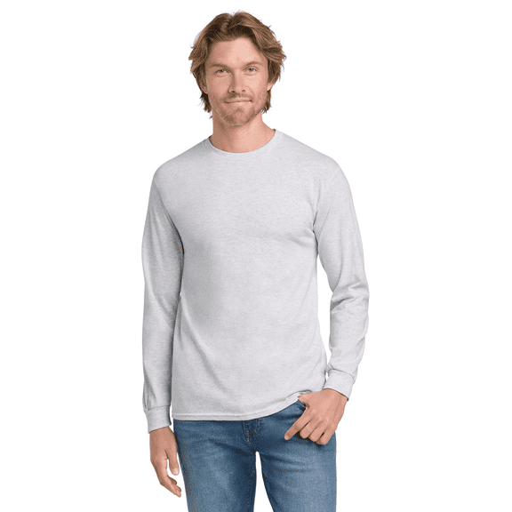 Gildan Heavy Cotton Long Sleeve T-Shirt, Men's Taped neck Classic Fit Ash Tee, S