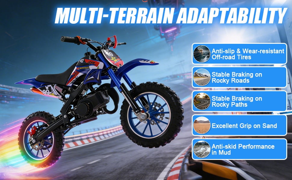 Mohsoe 49cc 2-Stroke Mini Motocross Bike, Gas Powered Kids Dirt Bike with Front & Rear Disc Brakes, 10in Inflatable Off-Road Tires, Alloy Handlebars, Inverted Hydraulic Suspension, Max Speed 40KM/H