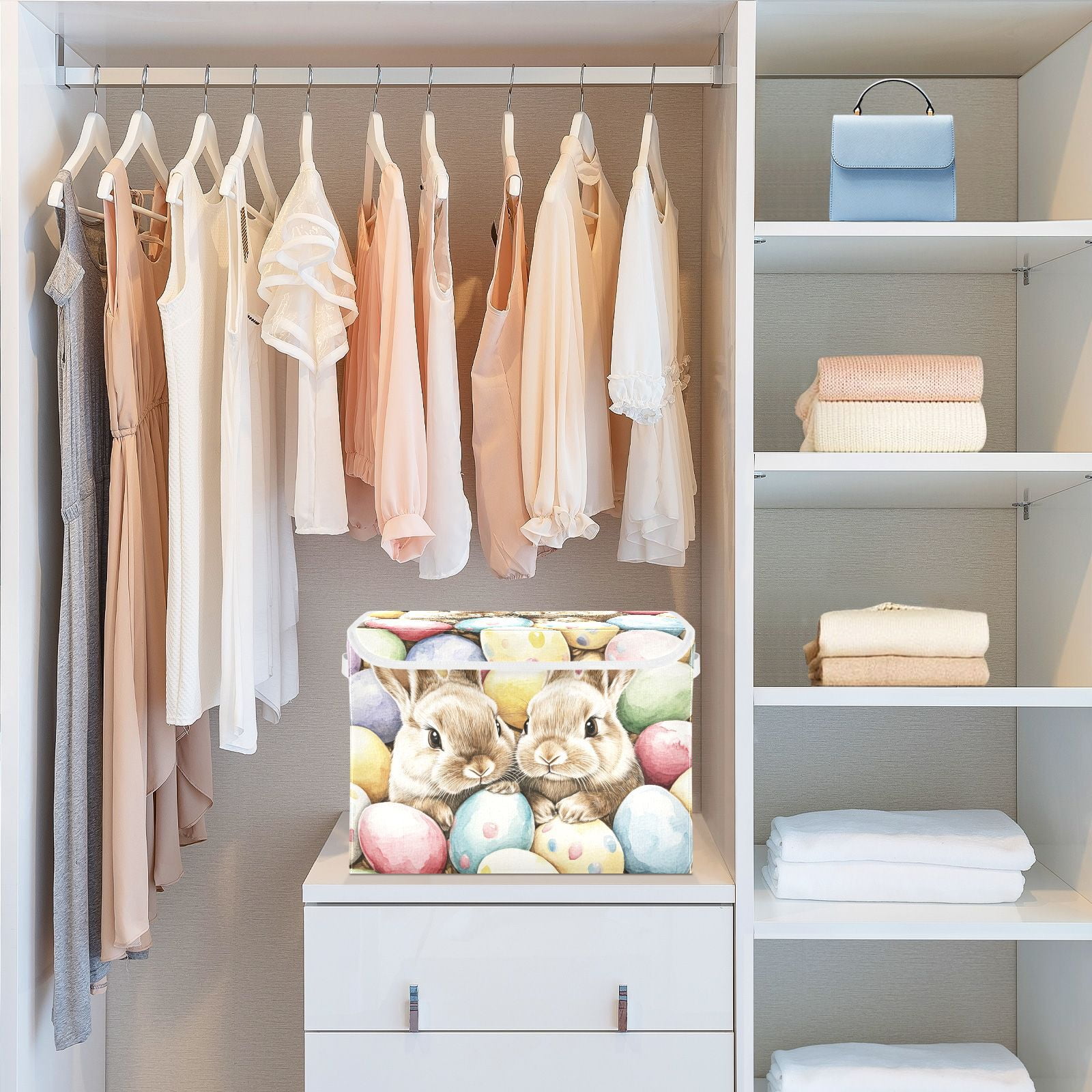 Easter Eggs Bunnies Storage Basket for Shelves Foldable Container Organizer for Organizing Toys Clothes Books with Handles