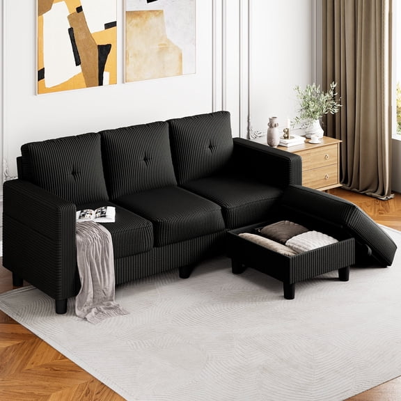 Walusnnu L-Shaped Sectional Sofa Couch, 3-Seat Convertible Sofa with Reversible Chaise, Modern Linen Fabric Couches for Living Room, Apartment and Small Space, Black