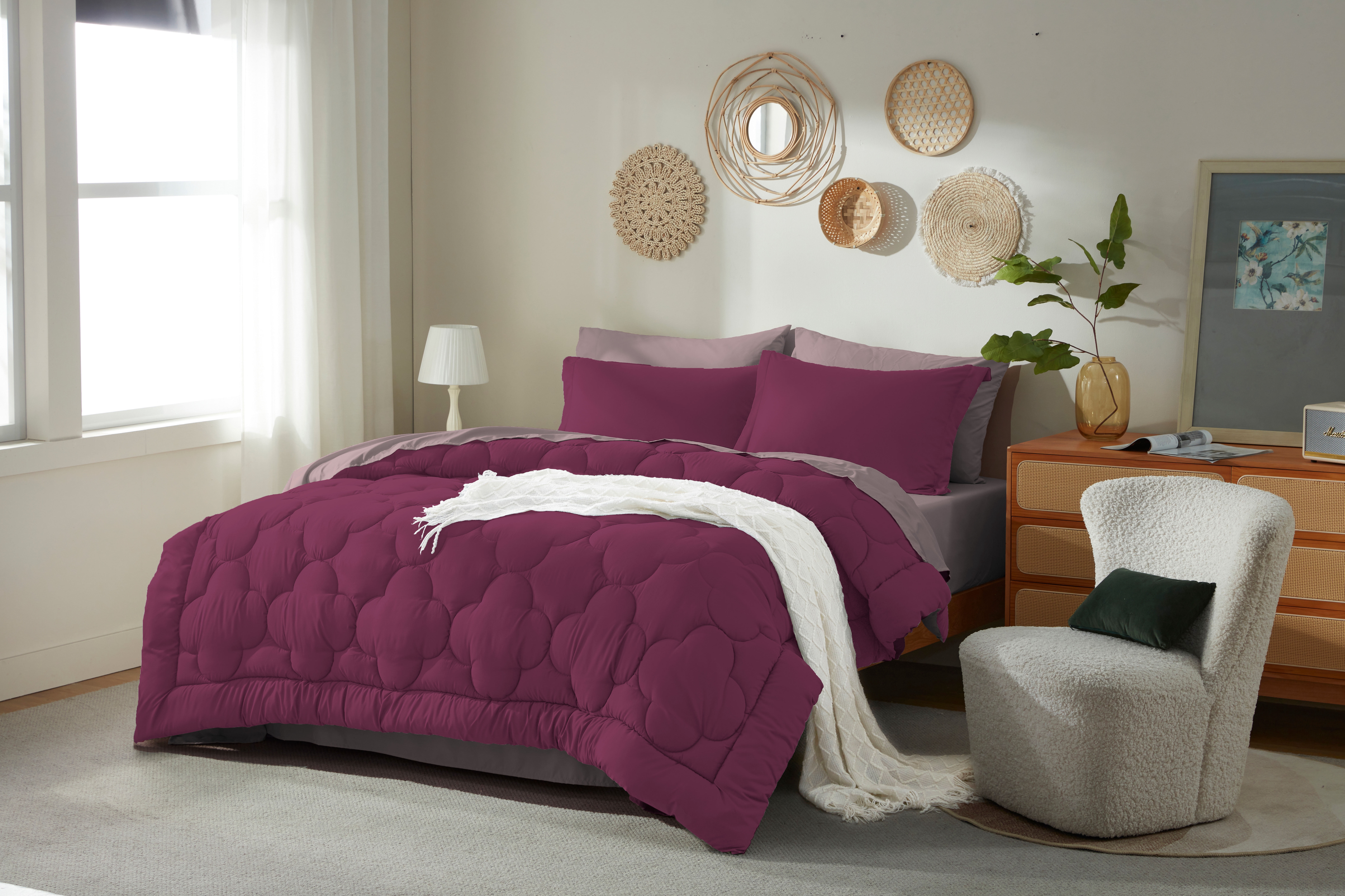 Bedtreat Twin Comforter Sets，5-Pieces Reversible Bedding Sets，Bed in a Bag with Comforter， Flat Sheet and Fitted Sheet, Pillowcase & Sham，Burnished Lilac/Amaranth