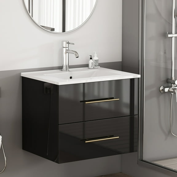 Censi 24 inch Wall-Mounted Bathroom Vanity with Sink Combo, Glossy Black with Gold Handle, 2 Soft-Close Drawers, Ceramic Basin, Space-Saving for Small Bathroom, Powder Room​