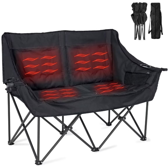 Slsy Heated Double Camping Chair, 2-Person Heated Folding Chairs for Outdoor Sports w/ 3 Heat Levels & 4 Heating Zones, Patio Lounge Chairs Folding Camping Chair Supports 550 lbs