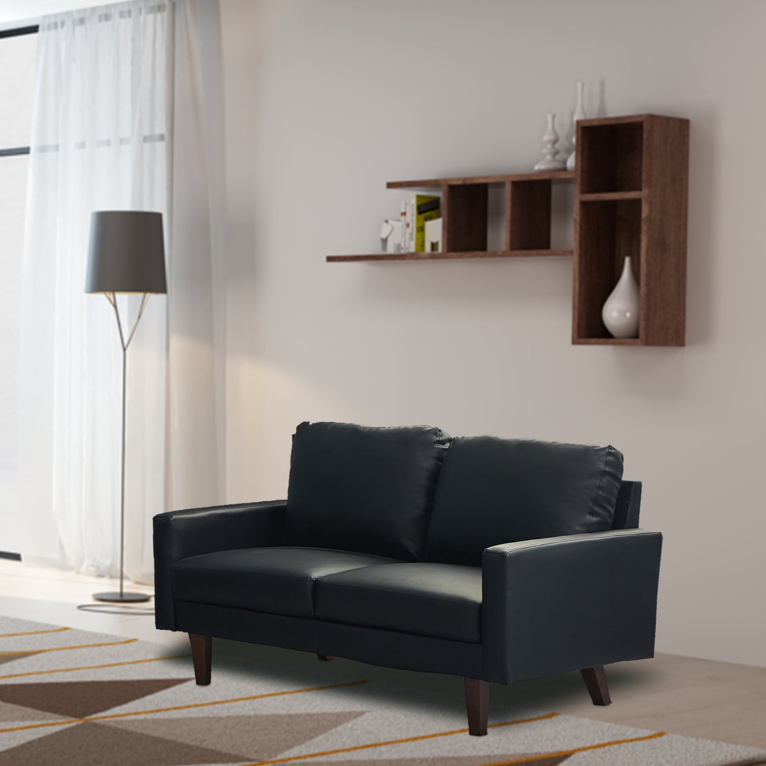 Kingway Furniture Aneley Faux Leather Living Room Loveseat in Black