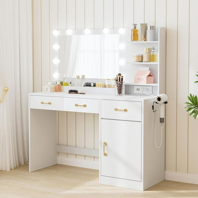 Vanity Desk with Mirror & LED Lights, Power Outlet, 3 Drawers & Storage Shelves