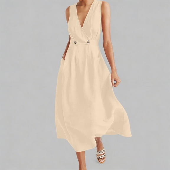 ClodeEU Women's Sleeveless V Neck Wrap Waist Midi Dress,Casual Solid Color Flowy A-Line Summer Dress Beige,Women's Plus L