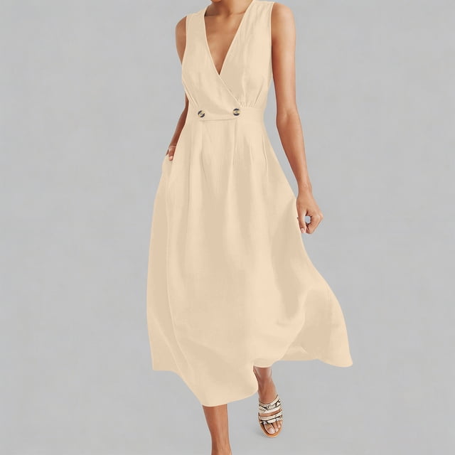 Robes d'Été Décontractées Élégantes en Lin Robe Maxi pour Femme Sans Manches à Col en V à Double Boutonnage Fluide Décontractée Taille Haute Évasée Robe Soleil avec Poches Beige TTG