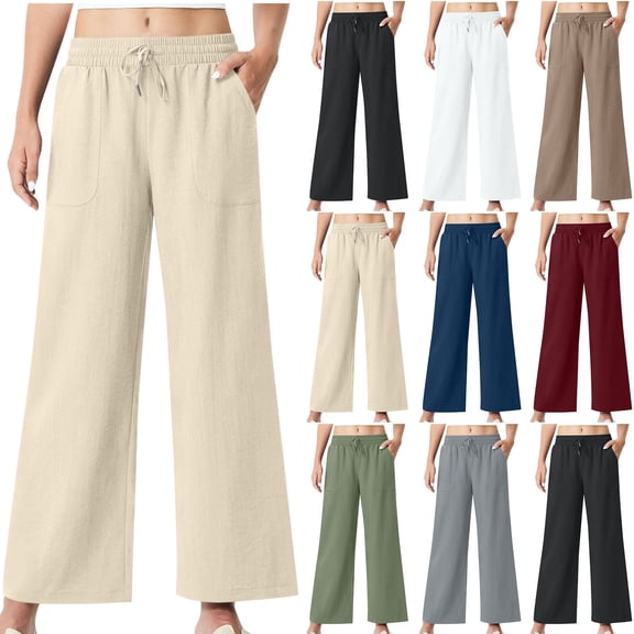 BRGZLK Women's Palazzo Pants Elastic Waistband Adjustable Lace Up Pocket Solid Color Pants Flowy Travel Wide Leg Pants 2026 Casual Summer Loose Beach Lounge