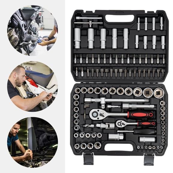 108 Piece Socket Wrench And Metric 1/4" And 1/2" Drive Socket Set Extension Bars Silver for Mechanics
