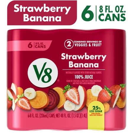 V8 Strawberry Banana 100% Fruit and Vegetable Juice, 8 fl oz Can, 6 Count