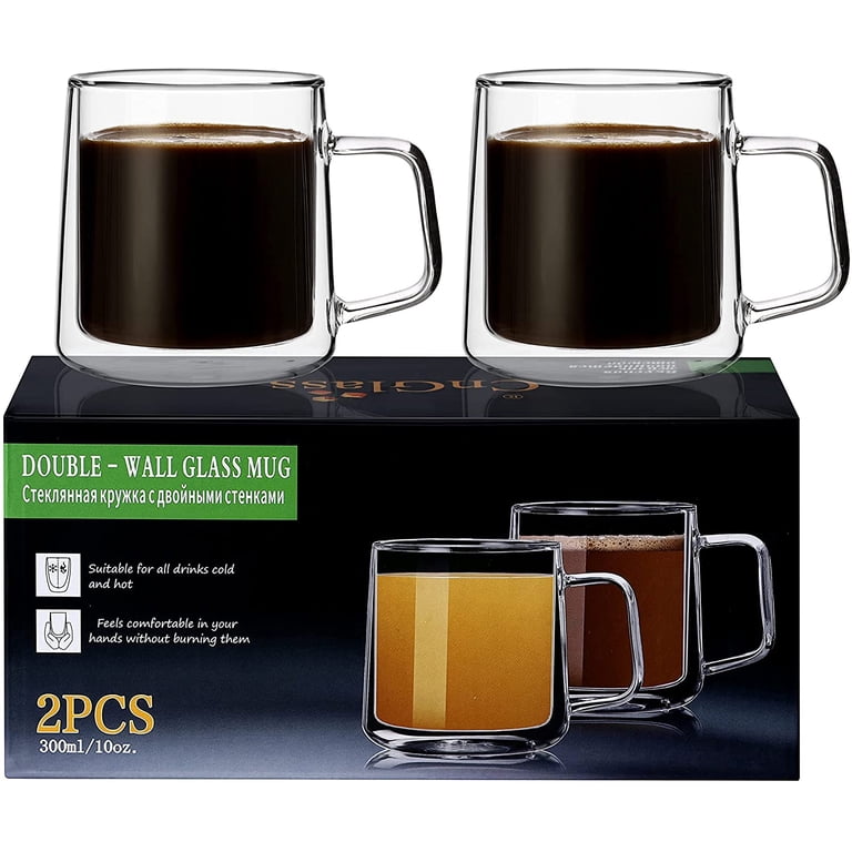 CNGLASS 10oz Double Wall Insulated Glass Coffee Mugs with Handle, Set of 2  - Walmart.com
