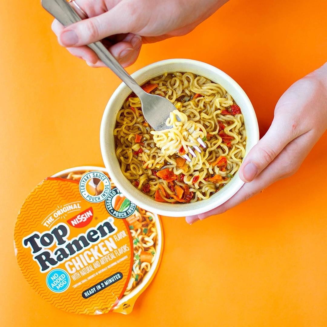 BCL Nissin Top Ramen Bowl Ramen Noodle Soup, Chicken Flavor, 3.42 Ounce Pack of 12 & CUSTOM Storage Carrier with Cutlery