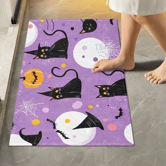 Yayeee Bath Rug for Bathroom Floor Non Slip Rectangle Fluffy Soft Absorbent Mat, 16"x24", Purple Halloween Pattern