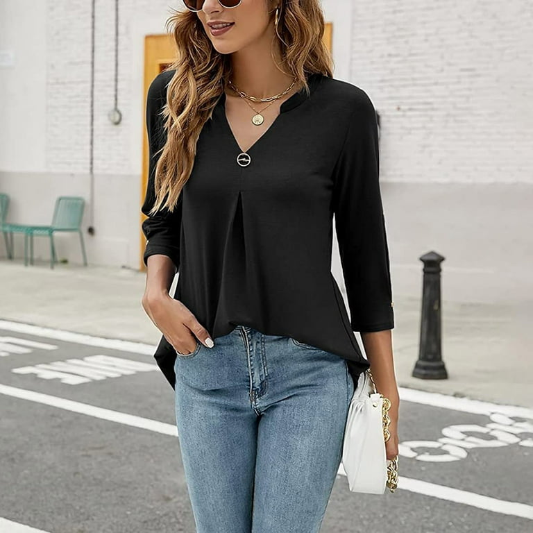 gakvbuo Clearance Items All 2022!Fall Clothes For Women 2022 Trendy  Business Casual Plus Size Tops For WomenWomens Casual V-Neck 3/4 Sleeve  Solid