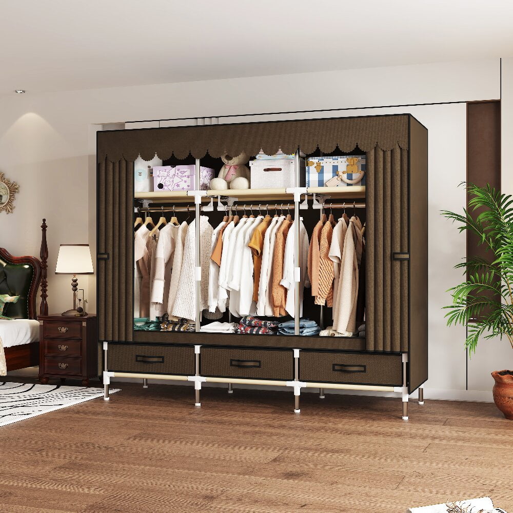 59Inch Portable Wardrobe Closet, 3 Storage Spaces with 3 Hanging Rods,3 Drawers，Steel Frame Fabric Organizer, Easy Assembly and Dust Resistant Design, Brown