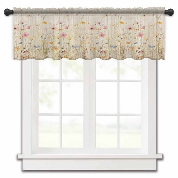 Botanical Flower Sheer Valance Curtains for Kitchen/Living Room/Bathroom/Bedroom Window,Retro Colored Spring Floral Herb Rod Pocket Small Topper Half Short Voile Curtains 42"x12"