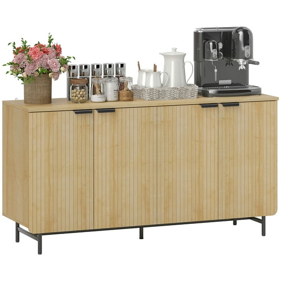 Fluted Sideboard Buffet Cabinet with 4 Doors Adjustable Shelves Nature Wood