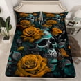 thumbnail image 2 of Homewish Gold Rose Floral Queen Sheet Sets for Lover, Romantic Gothic Skull Flat Sheet, Couple Anniversary Queen Fitted Sheet, Luxury Bedroom Decor, 4pcs, 2 of 7