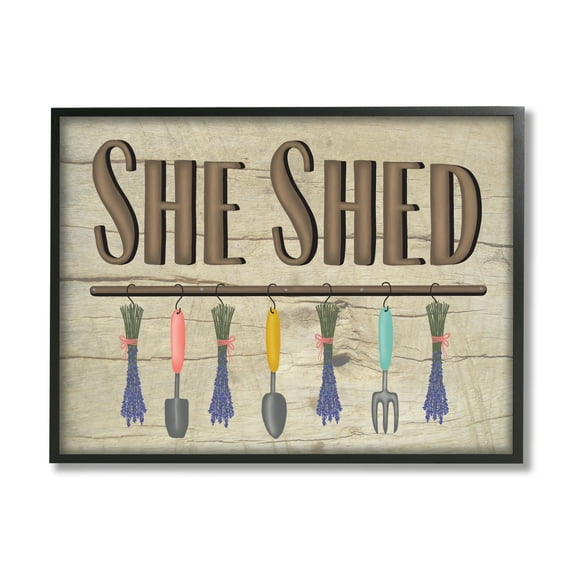 Stupell Industries Rustic She Shed Phrase Lavender Bunches Garden Tools Country Painting Black framed Art Print Wall Art, 11 x 14, Design by Darlene Seale